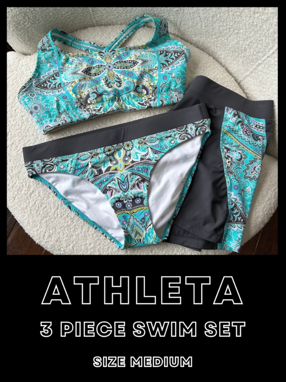 Athleta 3 piece Blue Gray Swim Suit Bikini Board Short Set medium